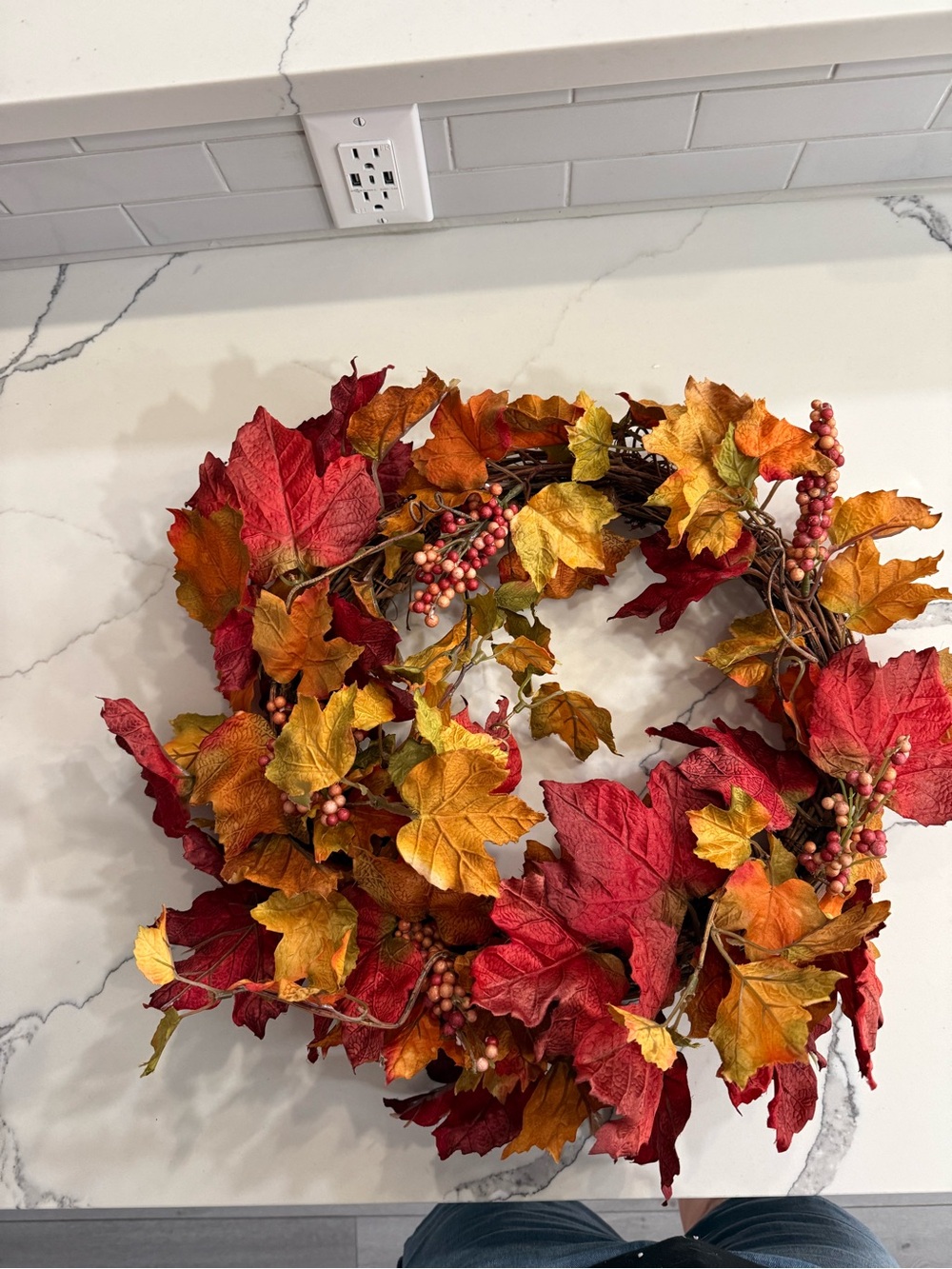 Autumn Fall Leaf Wreath with Berries 13”